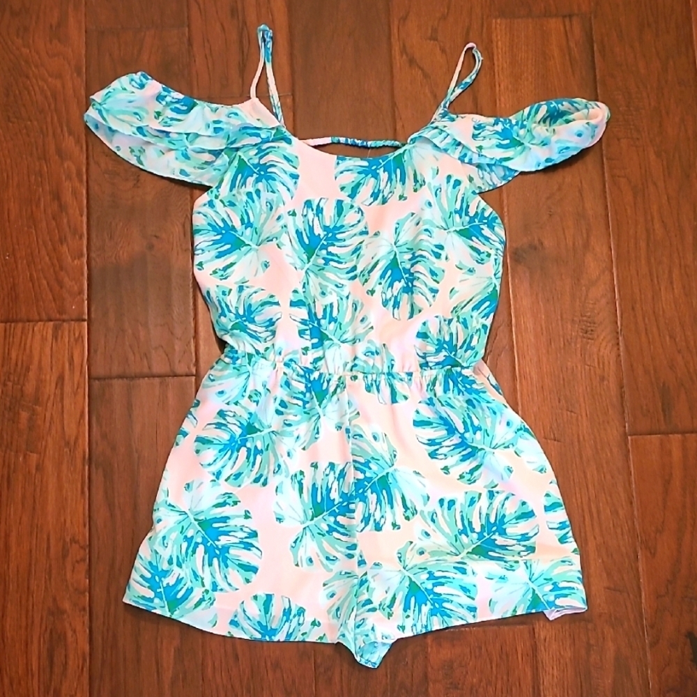 Tropical Off-Shoulder Romper in Aqua Leaf Print
